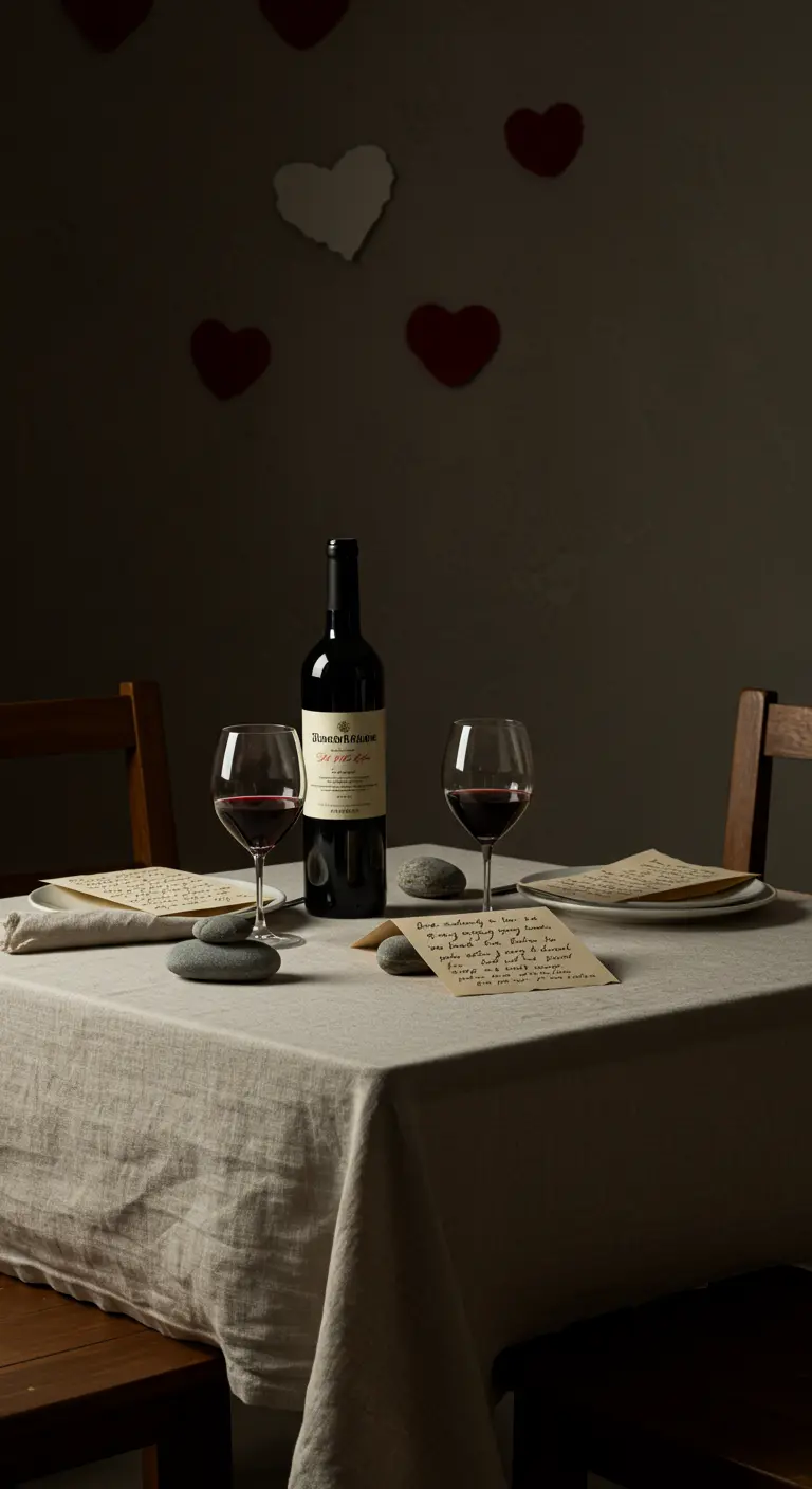 Table avec des lettres manuscrites tenues par des galets et du vin.