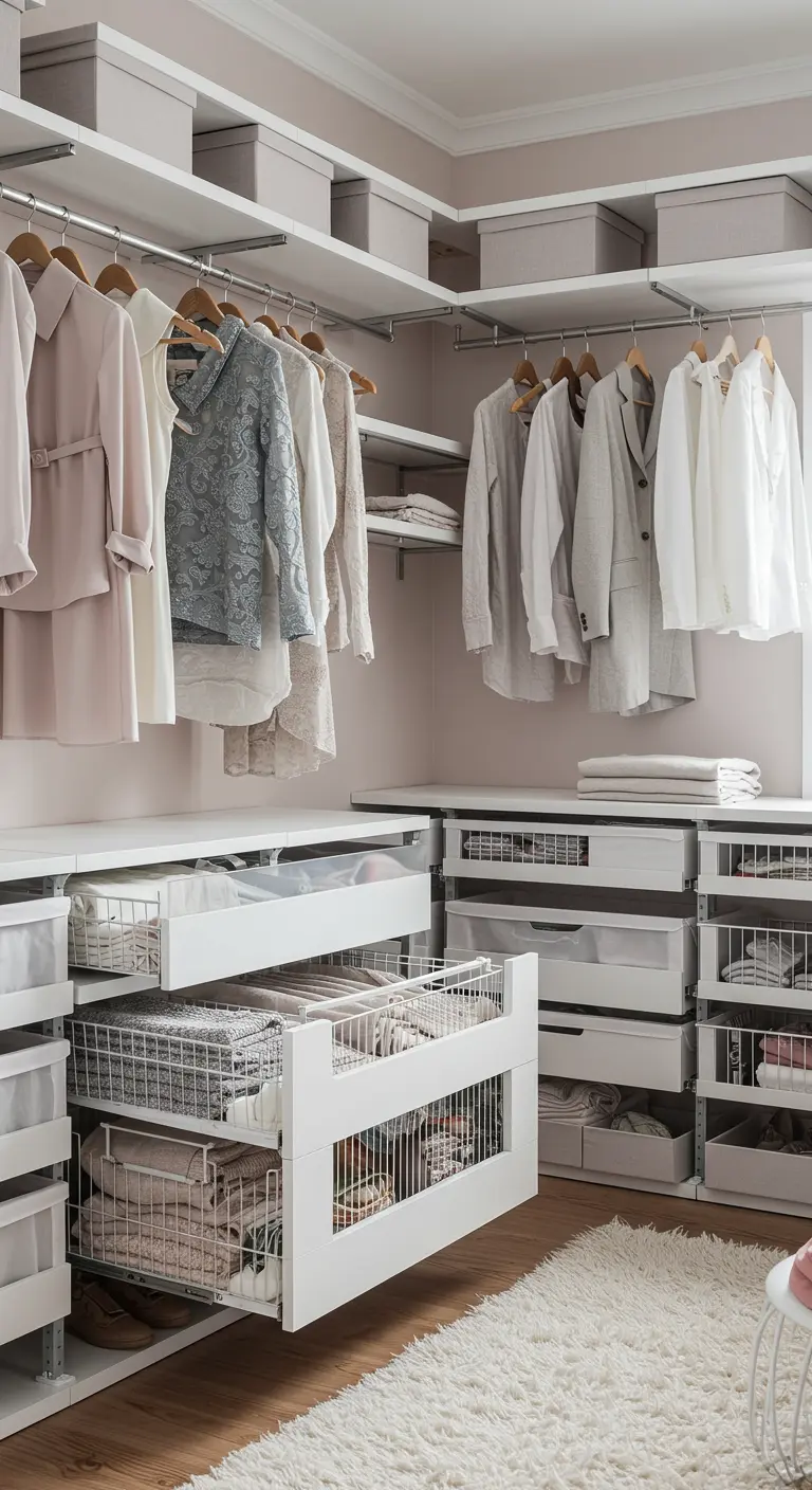 Système de dressing blanc avec des paniers coulissants en fil métallique remplis de vêtements pliés.