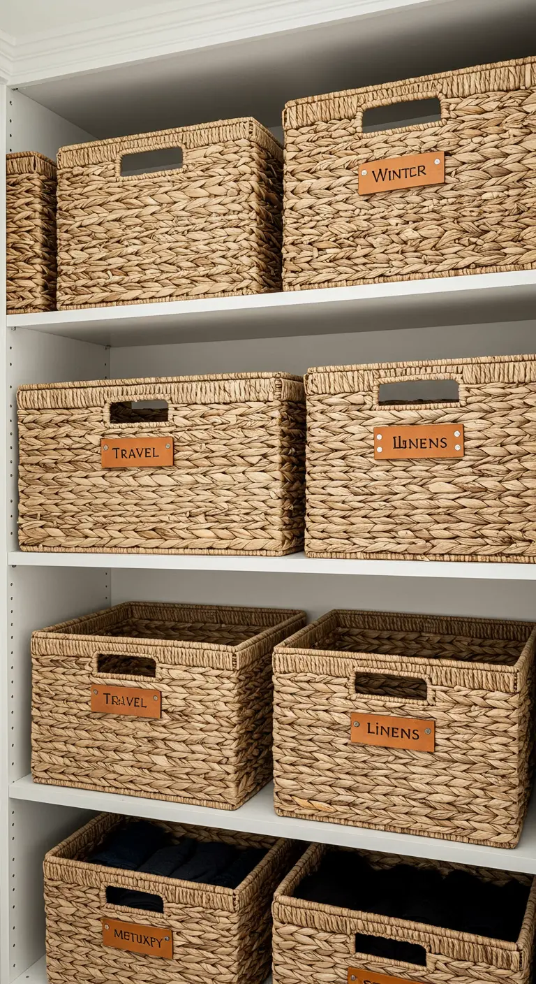 Étagères blanches remplies de paniers en osier tressé avec des étiquettes en cuir indiquant leur contenu.
