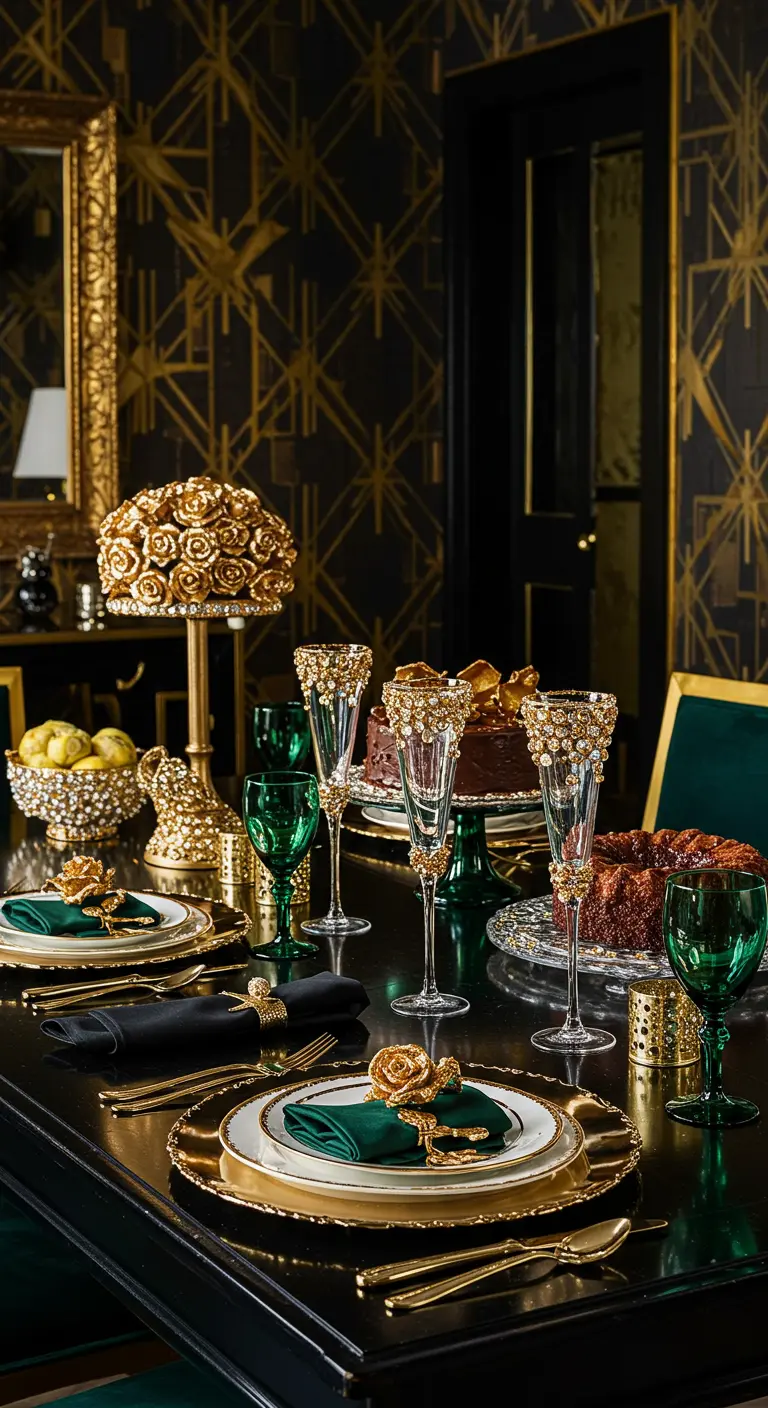 Table de brunch Art Déco luxueuse avec des décorations de roses dorées.