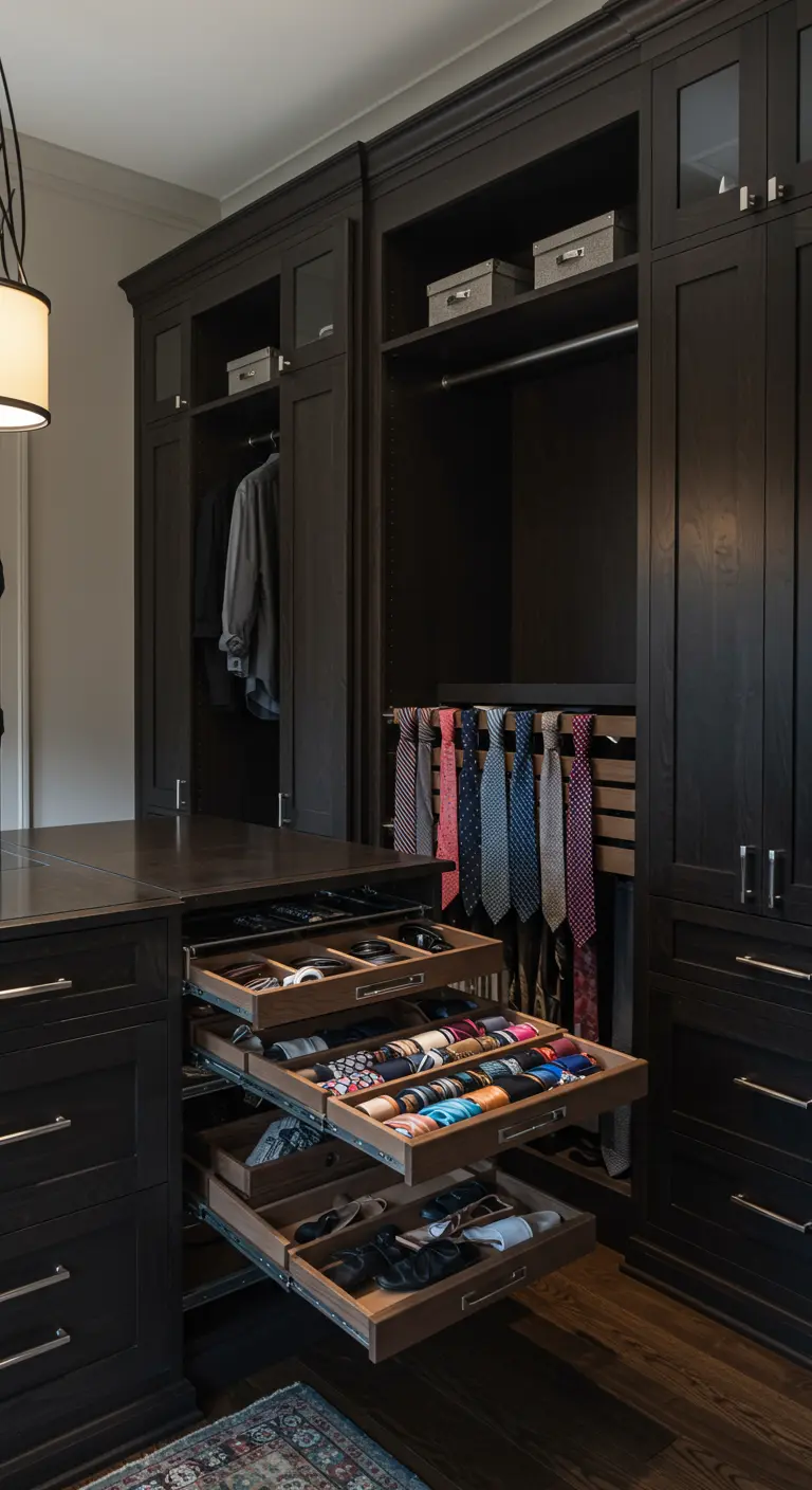 Tiroirs coulissants en bois sombre avec des compartiments pour ranger des cravates et ceintures roulées.