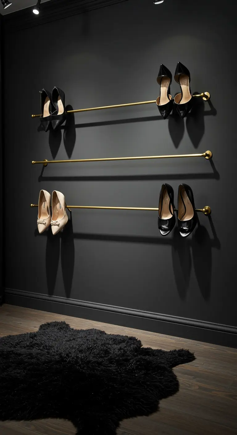 Des tringles en laiton fixées sur un mur noir, présentant des paires de chaussures à talons.