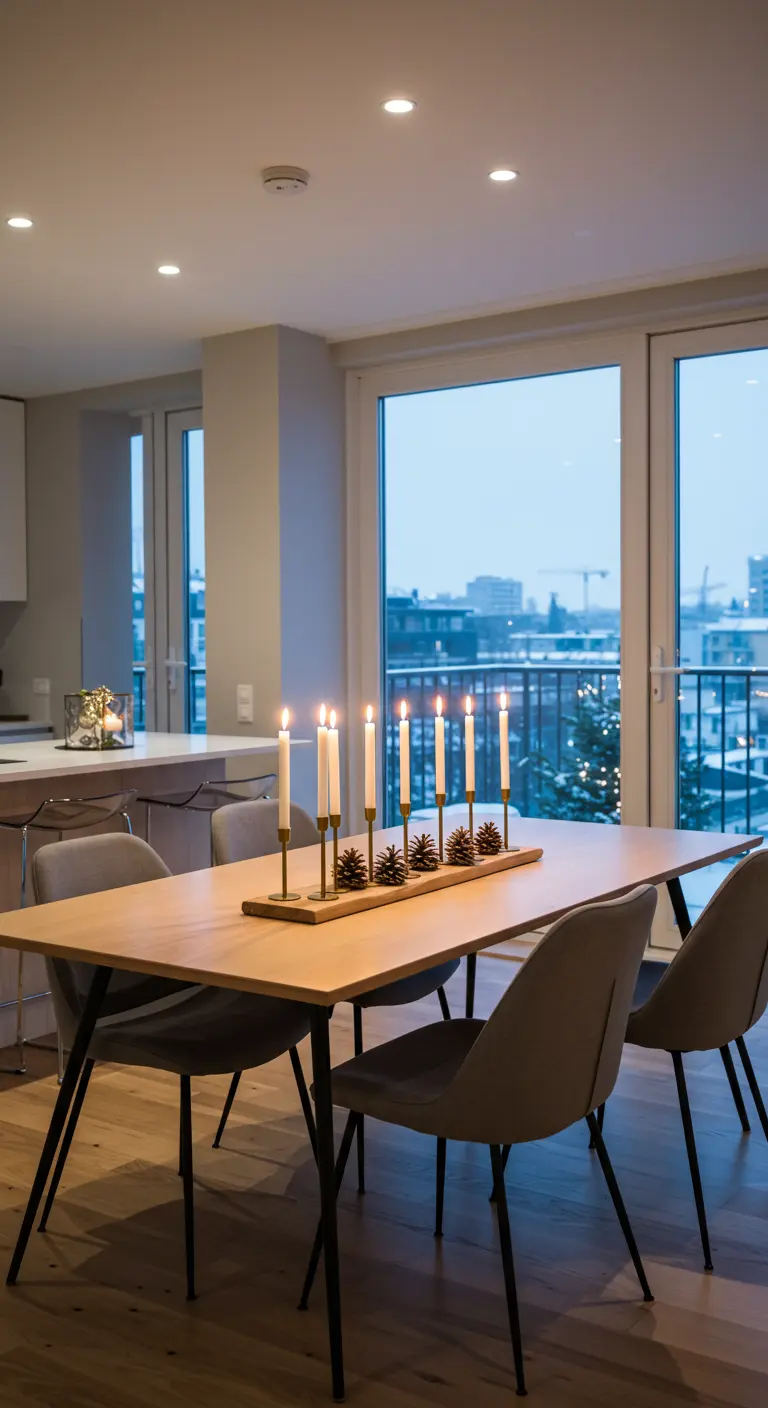 Centre de table moderne avec bougeoir linéaire, bougies fines et pommes de pin.