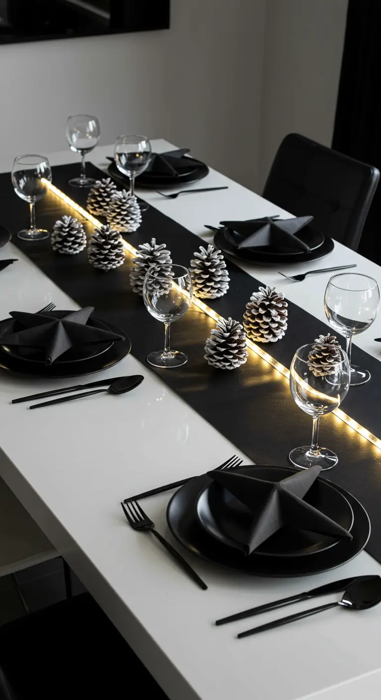 Table moderne noire et blanche avec un alignement de pommes de pin.