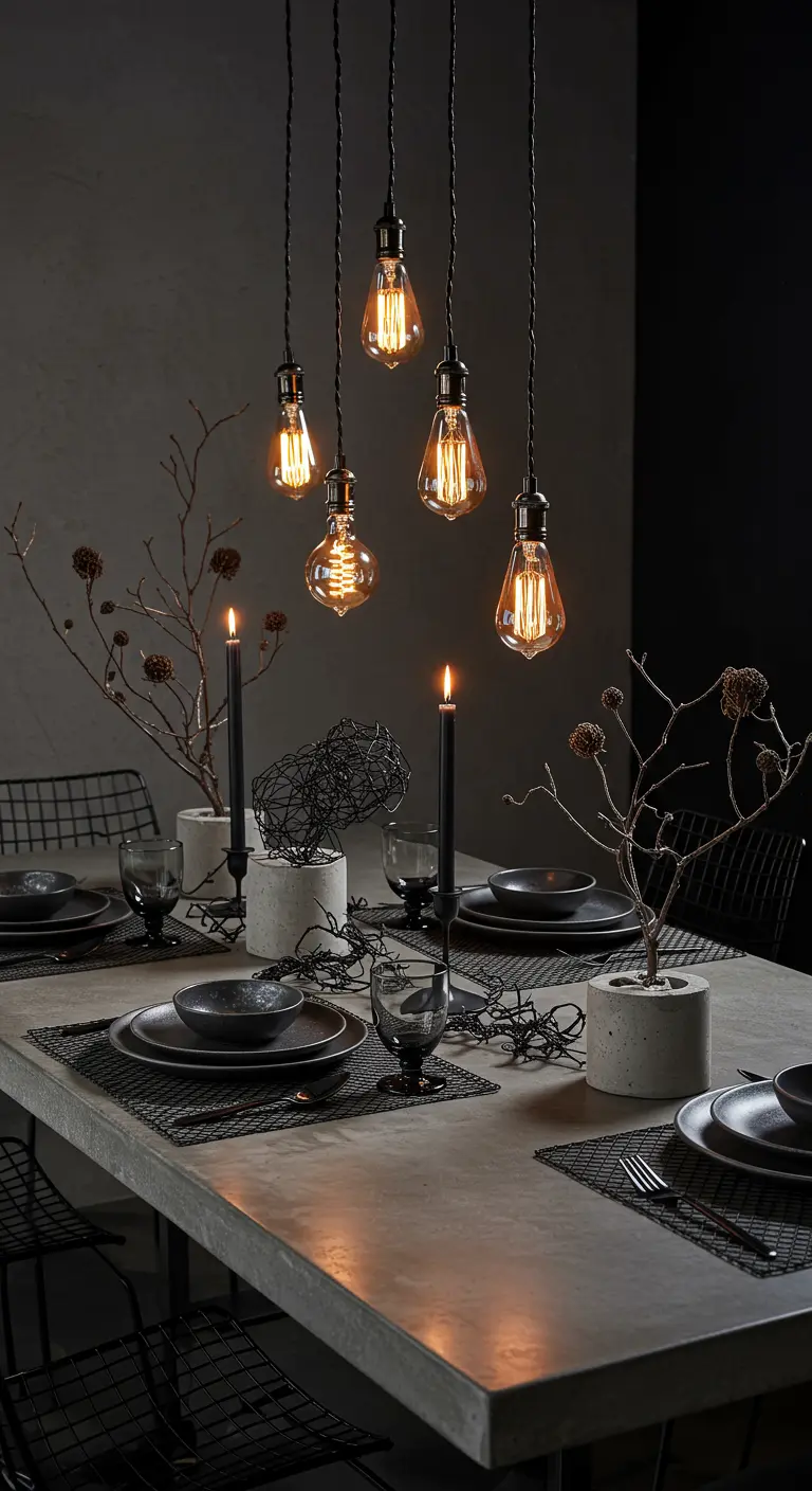 Table de style industriel avec des ampoules Edison et des pots en béton.