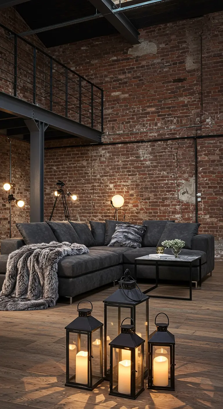 Salon industriel avec mur en briques, canapé gris et lanternes noires au sol.
