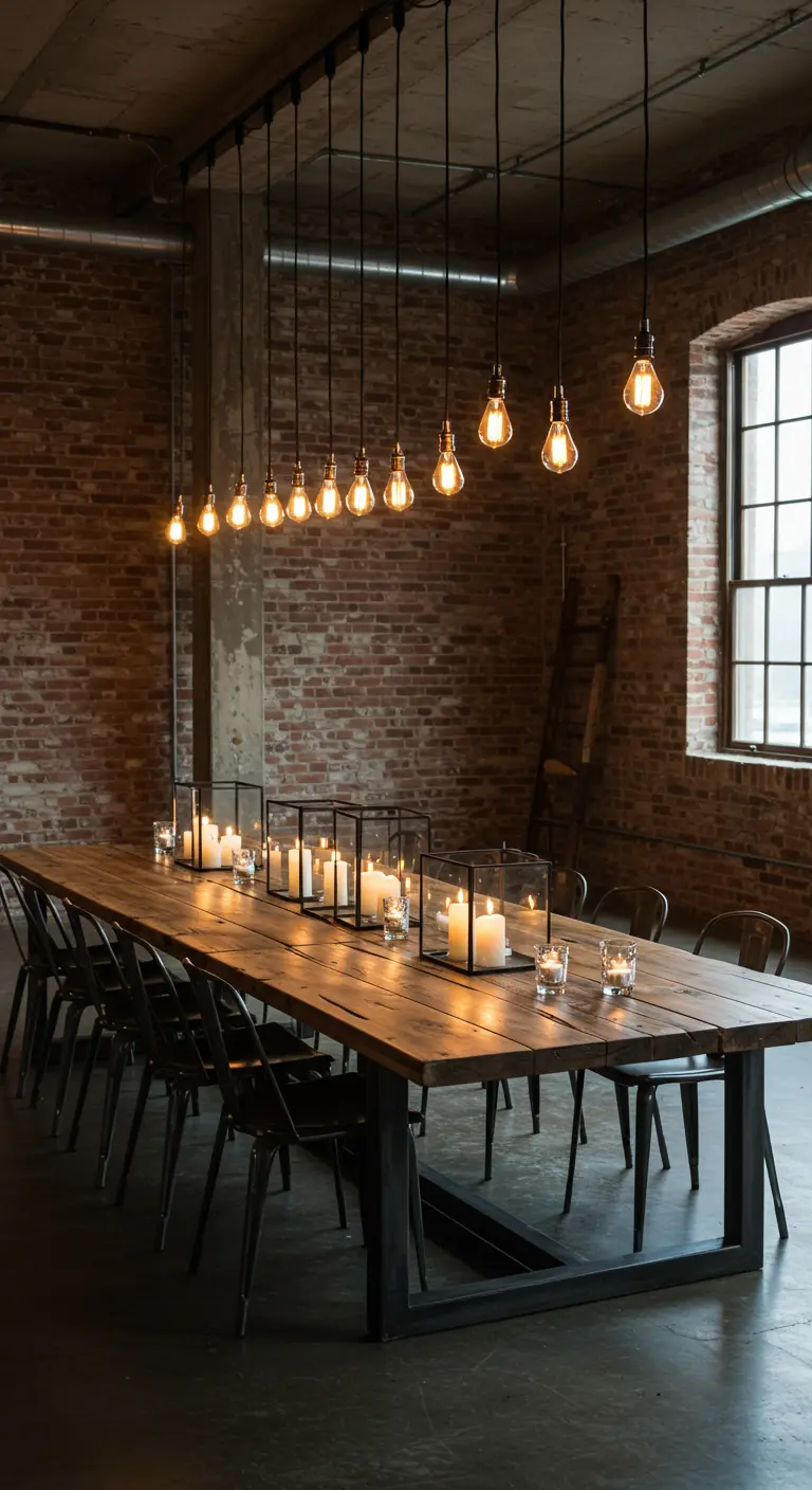 Longue table en bois dans un loft industriel avec des bougies dans des lanternes en verre.