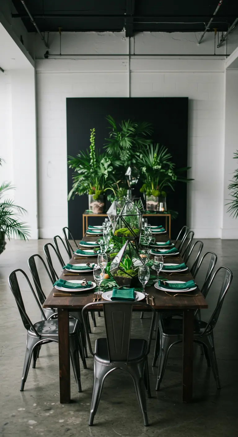 Table de fête style industriel avec des chaises en métal et une décoration végétale luxuriante.