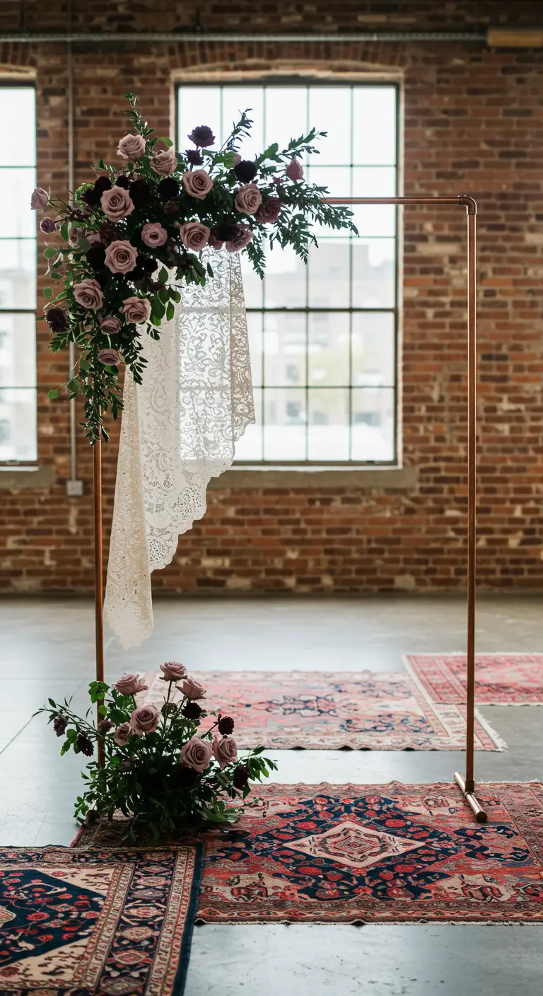 Arche minimaliste en cuivre avec des roses mauves dans un loft.