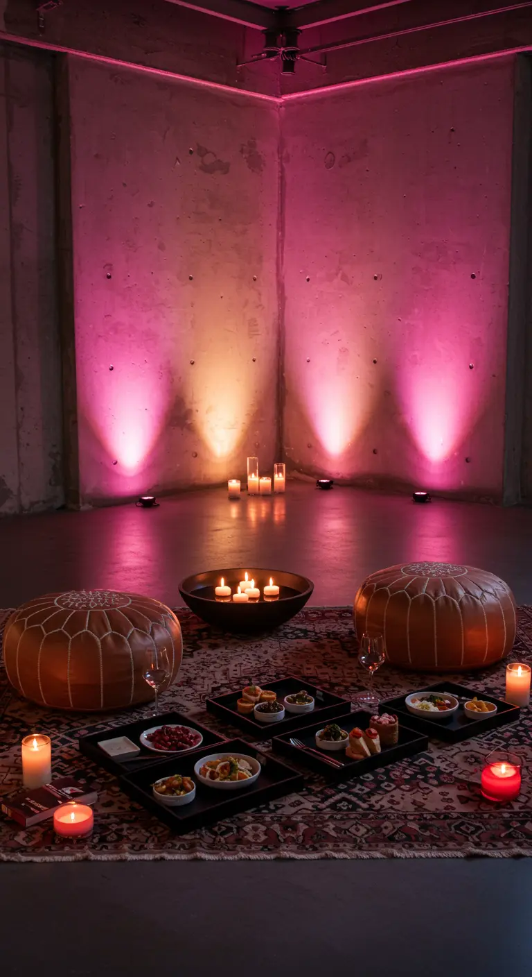 Un espace loft minimaliste avec des poufs au sol, éclairé par des projecteurs roses et oranges.
