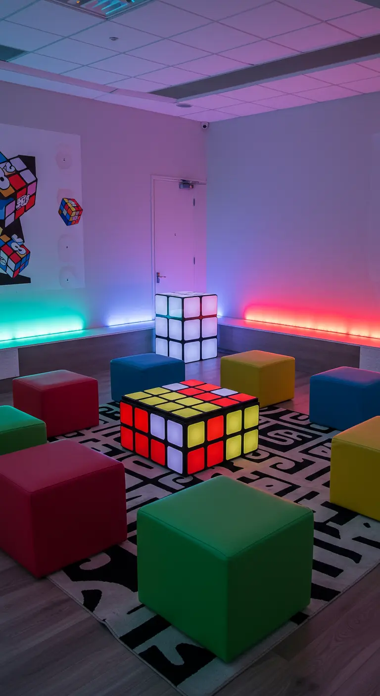 Salon avec une table basse lumineuse en forme de Rubik's Cube et des poufs colorés.