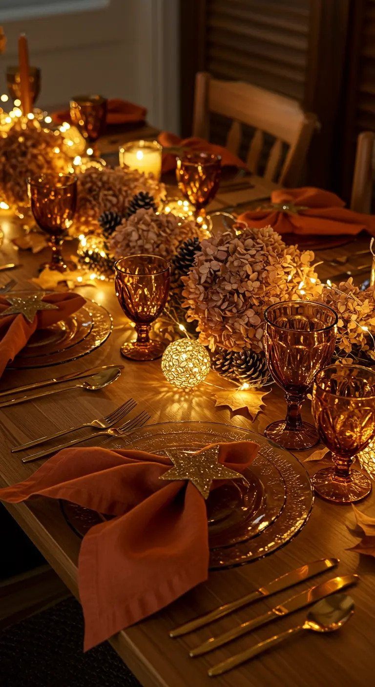 Table aux tons orangés avec des hortensias séchés et de nombreuses guirlandes.