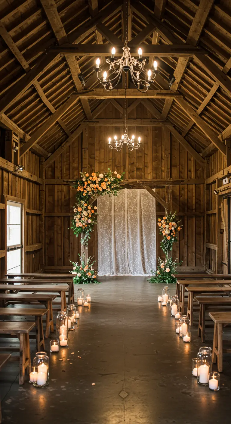 Cérémonie dans une grange, arche florale et allée de bougies.