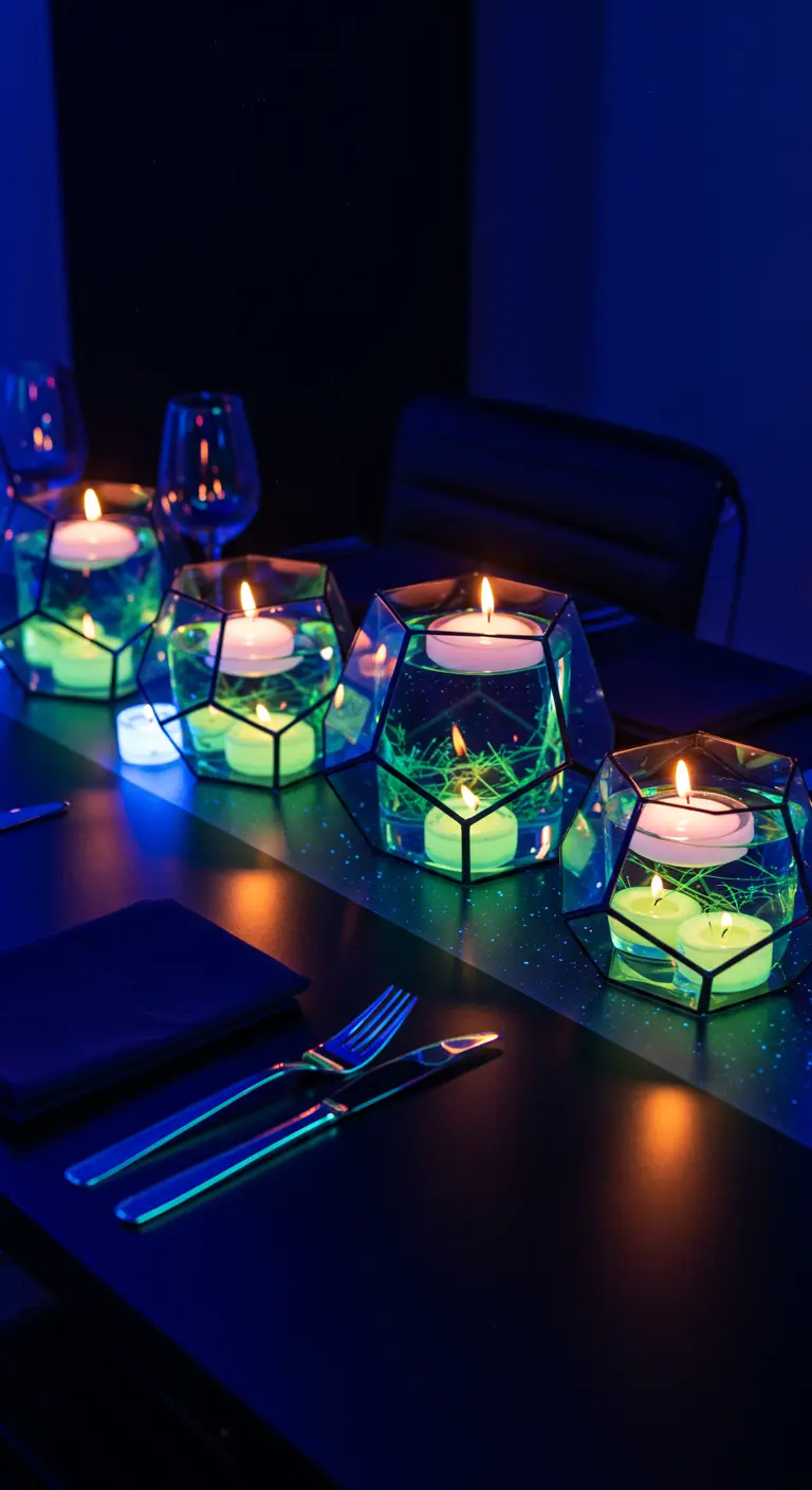 Bougies flottantes dans des vases géométriques éclairés par une lumière fluorescente verte.
