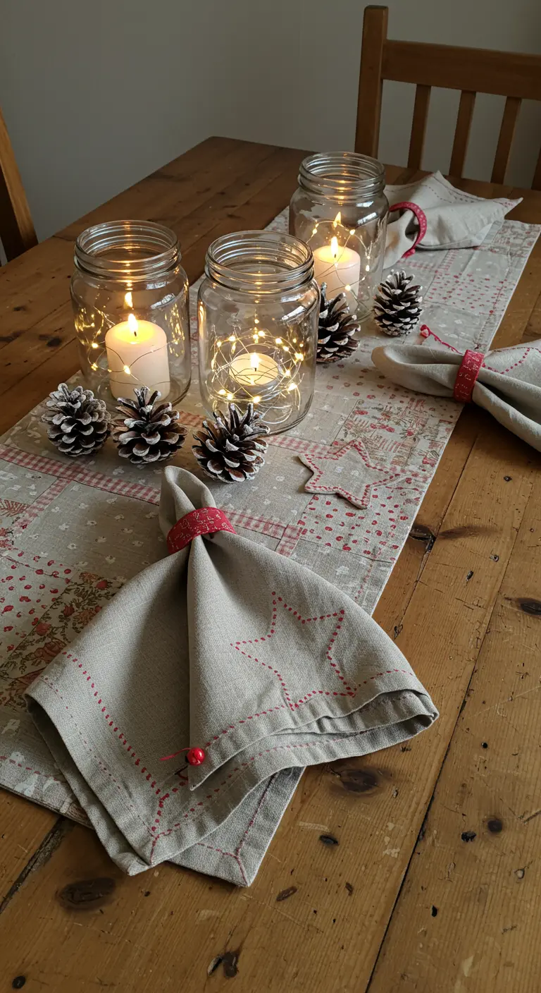 Décor de table DIY avec des bougies dans des bocaux en verre et des pommes de pin.