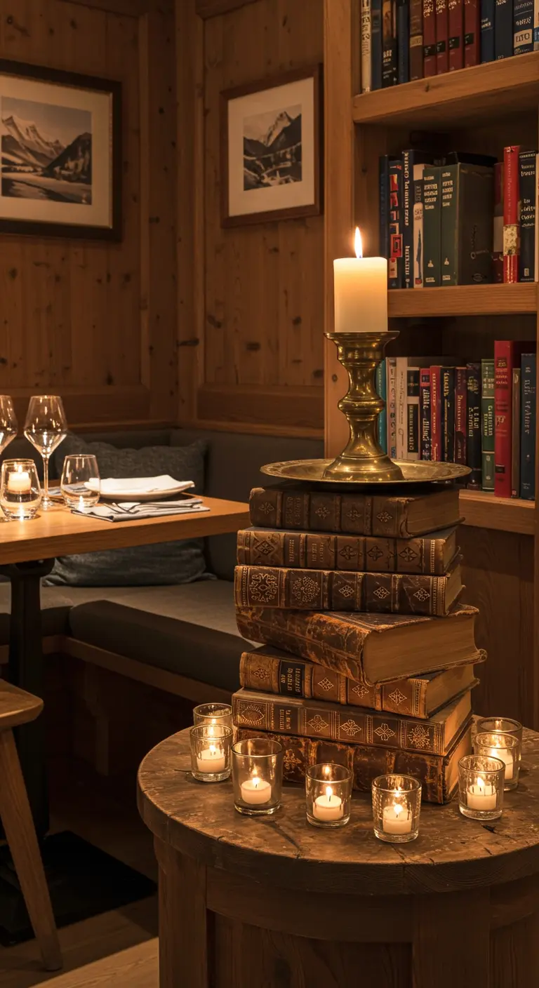 Une pile de livres anciens surmontée d'une grande bougie dans un bougeoir en laiton, sur une table d'appoint.