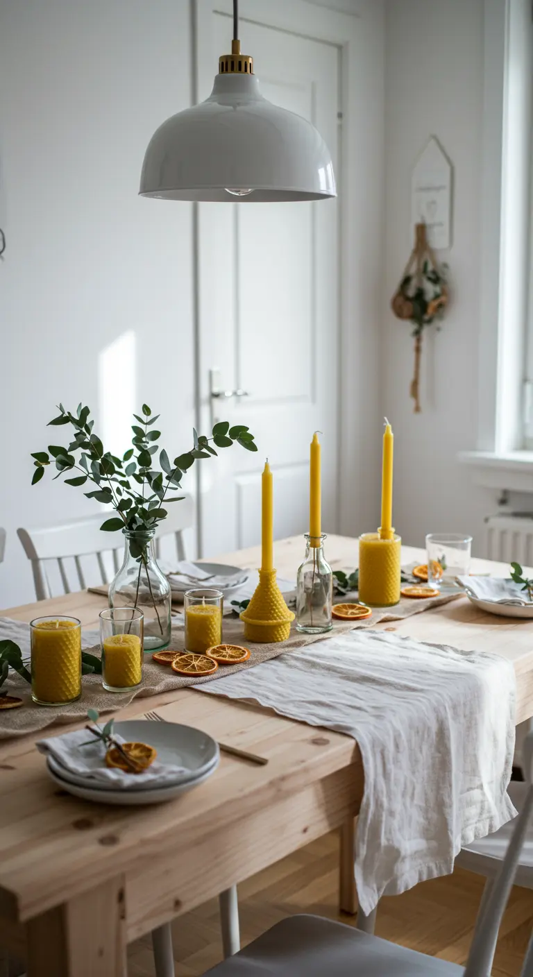 Table en bois clair avec bougies jaunes, eucalyptus et tranches d'orange séchées.