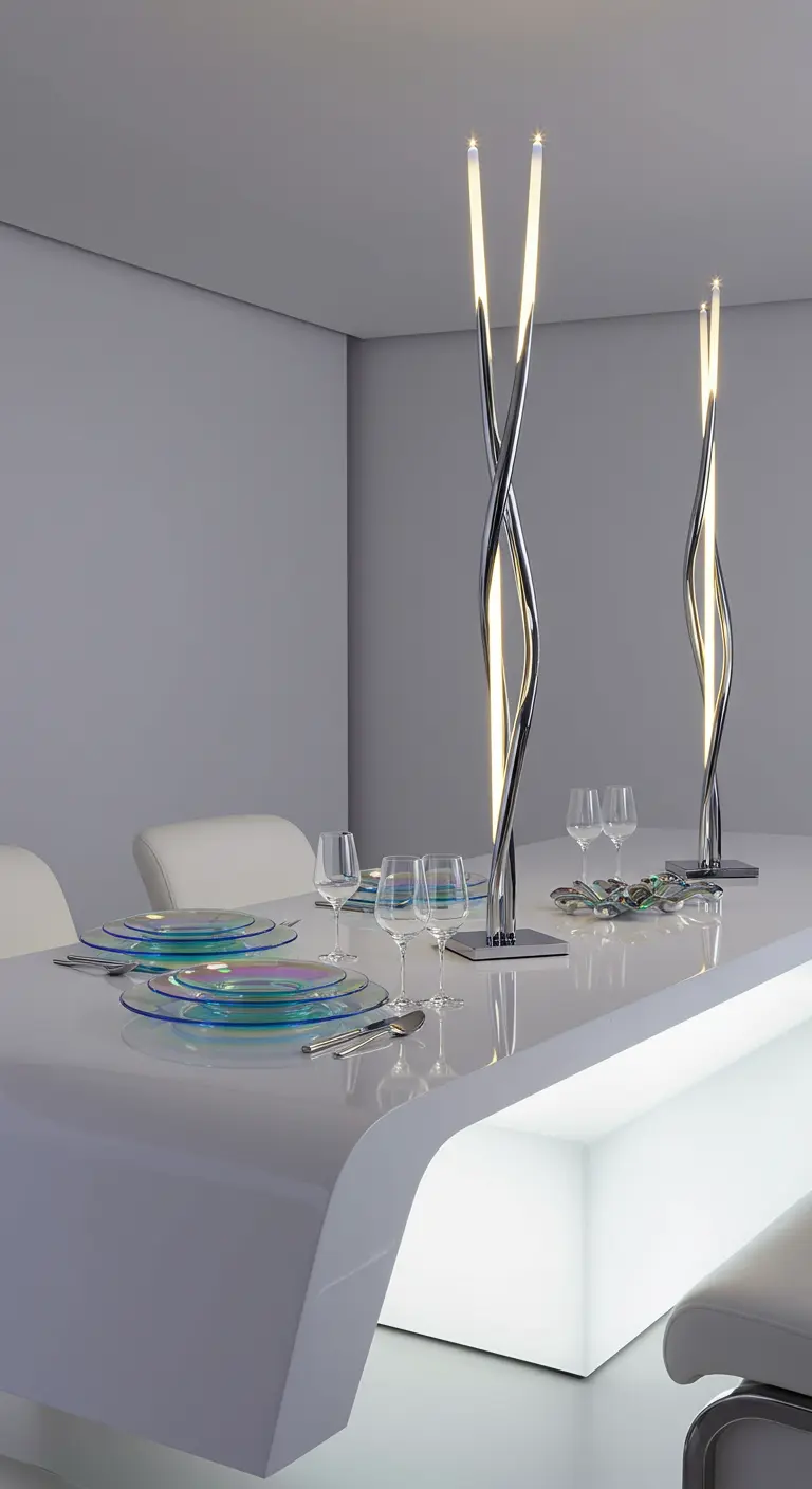 Table blanche futuriste éclairée par des lampes LED sculpturales en chrome.