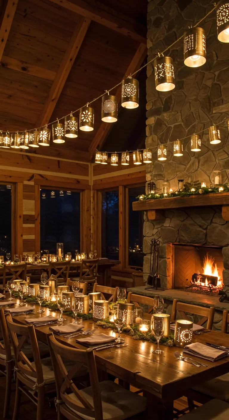 Guirlande de lanternes en boîtes de conserve percées et illuminées, suspendue dans un chalet.