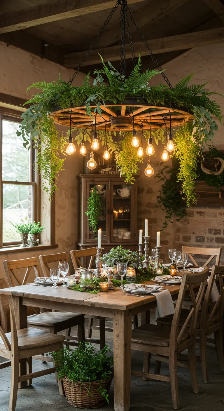 Lustre rustique fait d'une roue de chariot, décoré de fougères, au-dessus d'une table en bois.