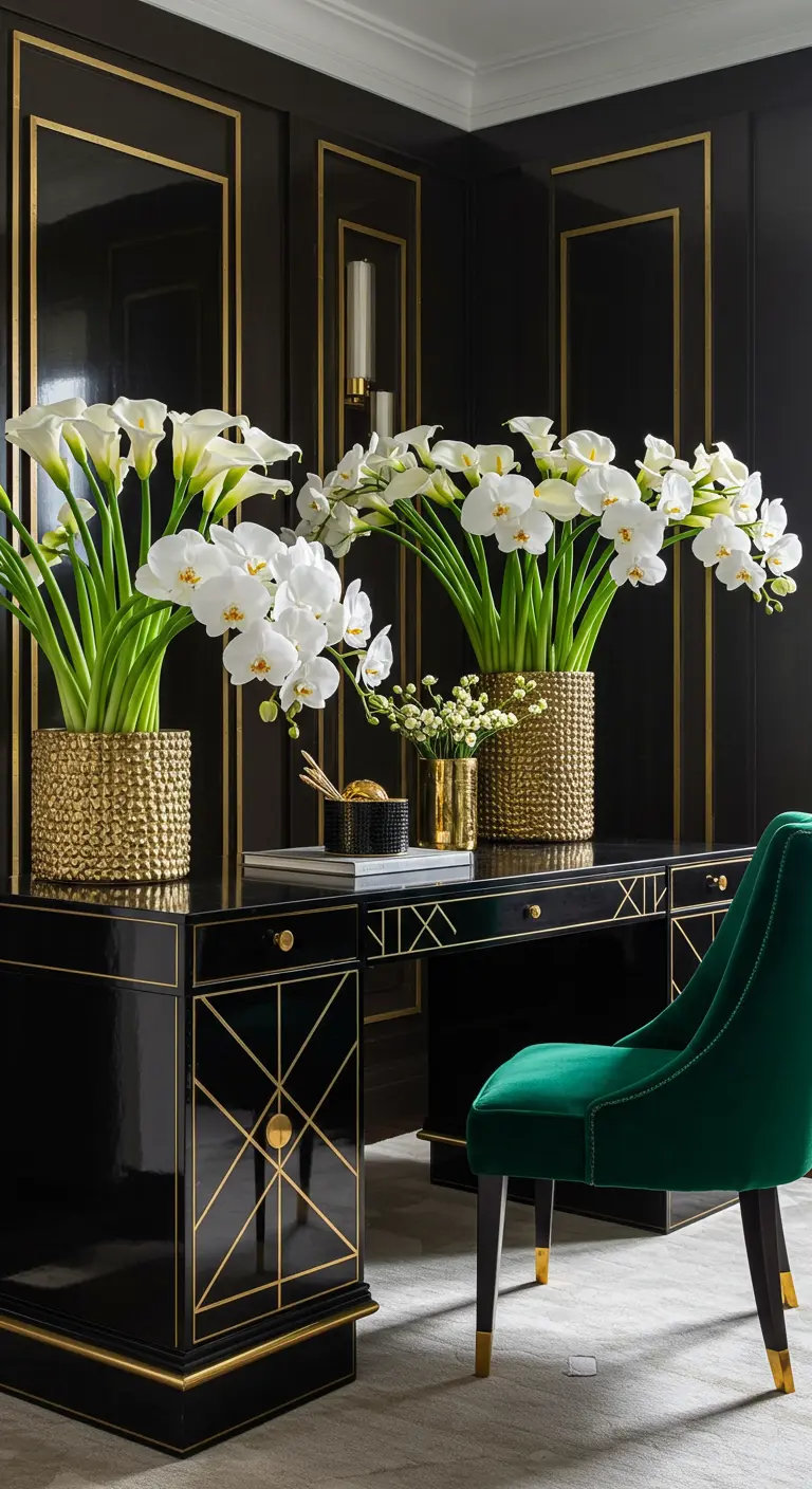 Bureau noir laqué et or de style Art Déco avec une chaise en velours vert et des bouquets de fleurs blanches.