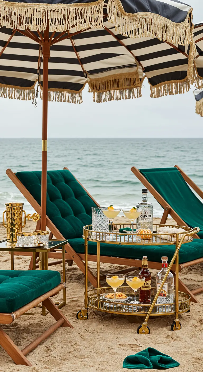 Transats en velours vert et bar roulant doré sur la plage sous un parasol à franges.
