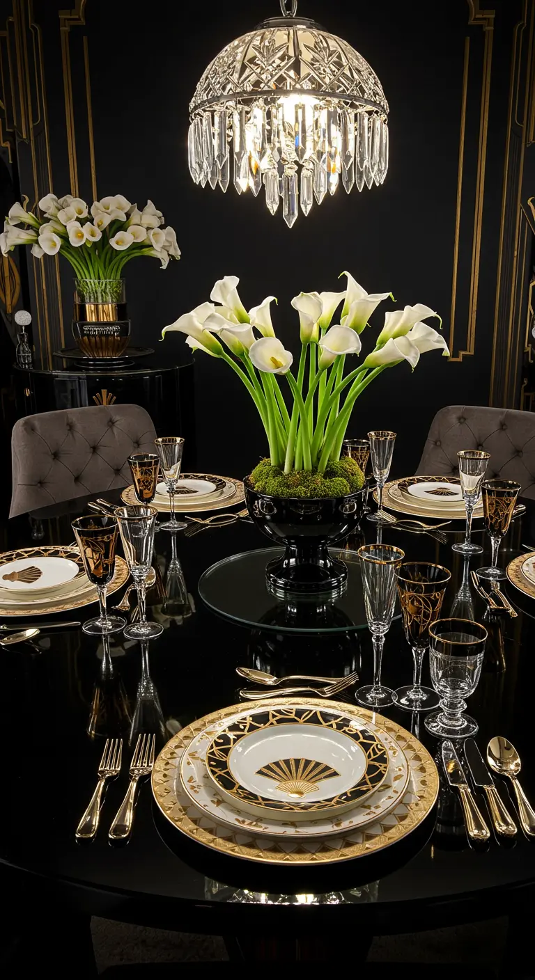 Composition de lys calla blancs dans un vase noir sur une table de dîner très chic.