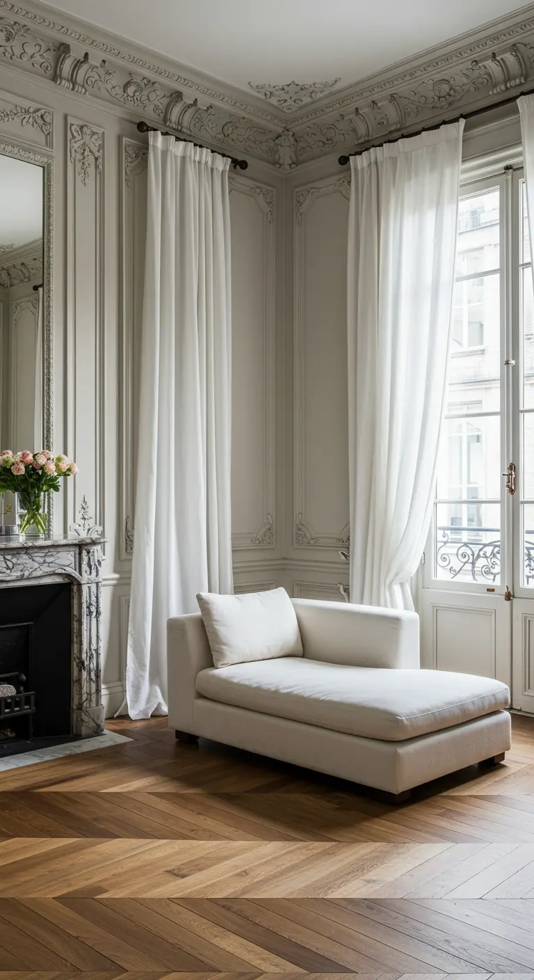Méridienne blanche dans un salon haussmannien avec moulures et parquet