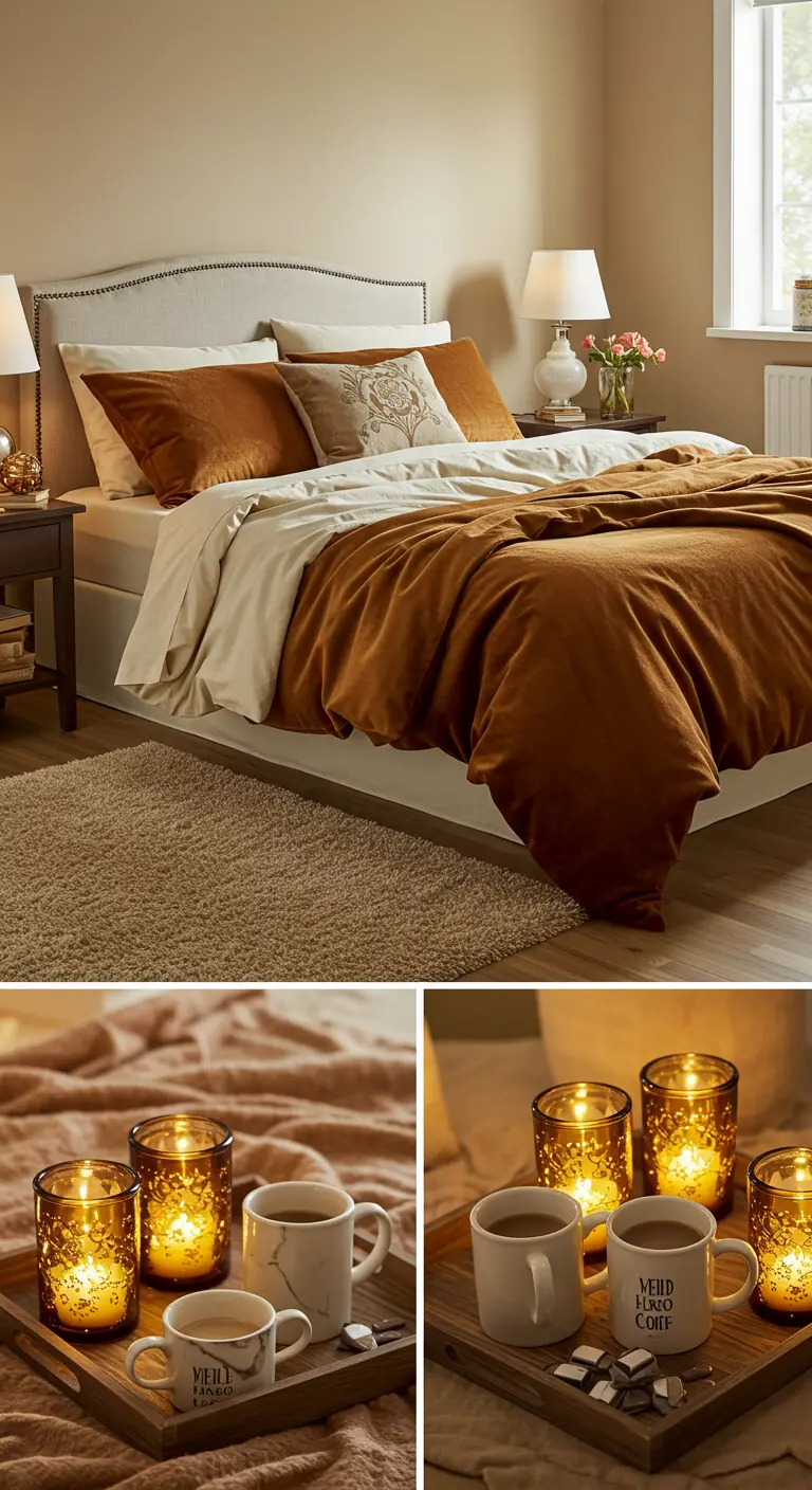 Collage montrant une chambre avec du linge de lit en velours et un plateau avec des tasses et des bougies.