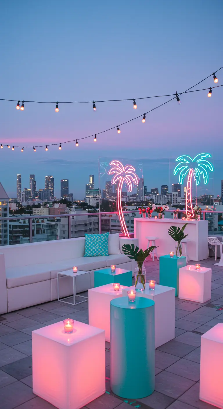 Rooftop avec néons palmiers, mobilier blanc et vue sur la ville.