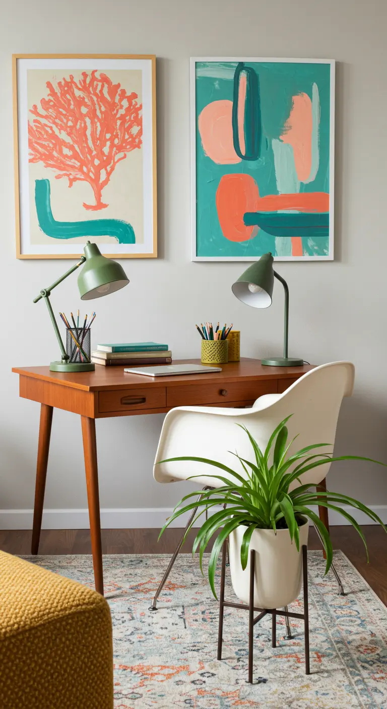Bureau en teck de style Mid-Century avec deux lampes vertes et des affiches colorées.