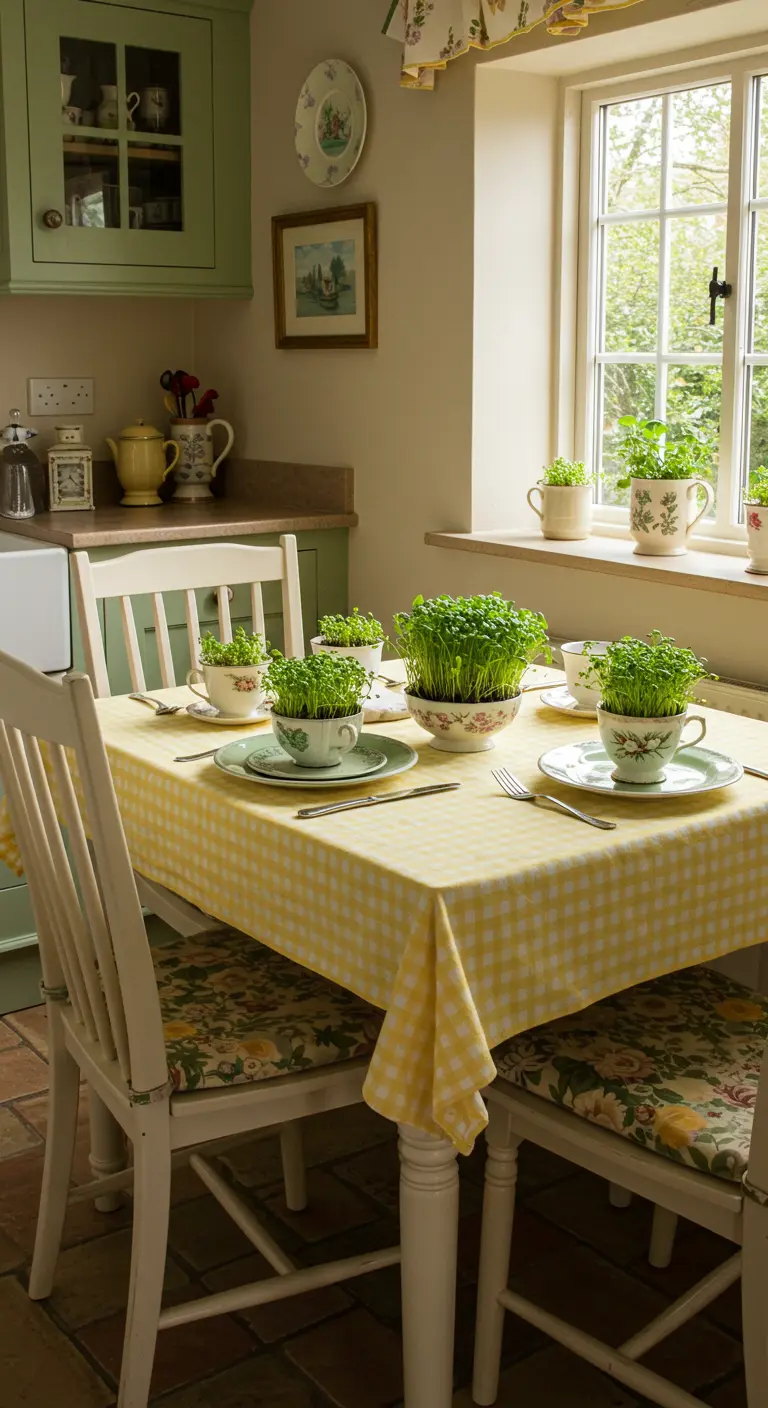 Table de style cottage avec une nappe à carreaux jaunes et du cresson poussant dans des tasses à thé.