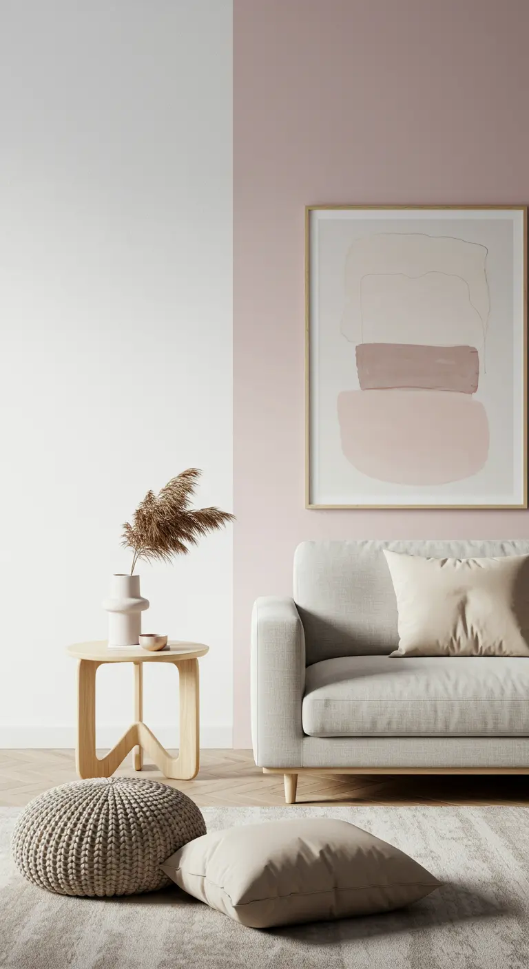 Coin de salon minimaliste avec un mur bicolore rose et blanc et un grand tableau abstrait.
