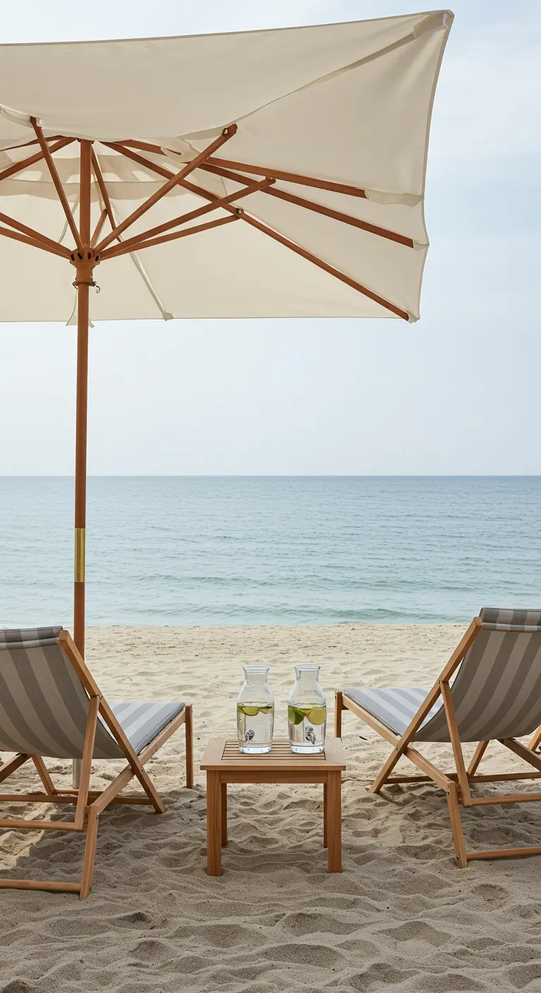 Deux transats et un parasol beiges sur une plage déserte, avec des carafes d'eau.