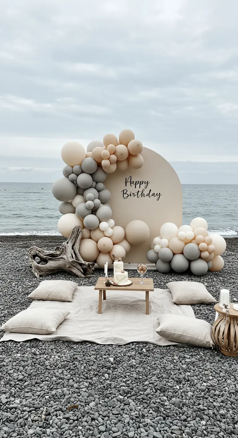 Arche de ballons asymétrique dans les tons neutres (gris, beige) sur une plage de galets.