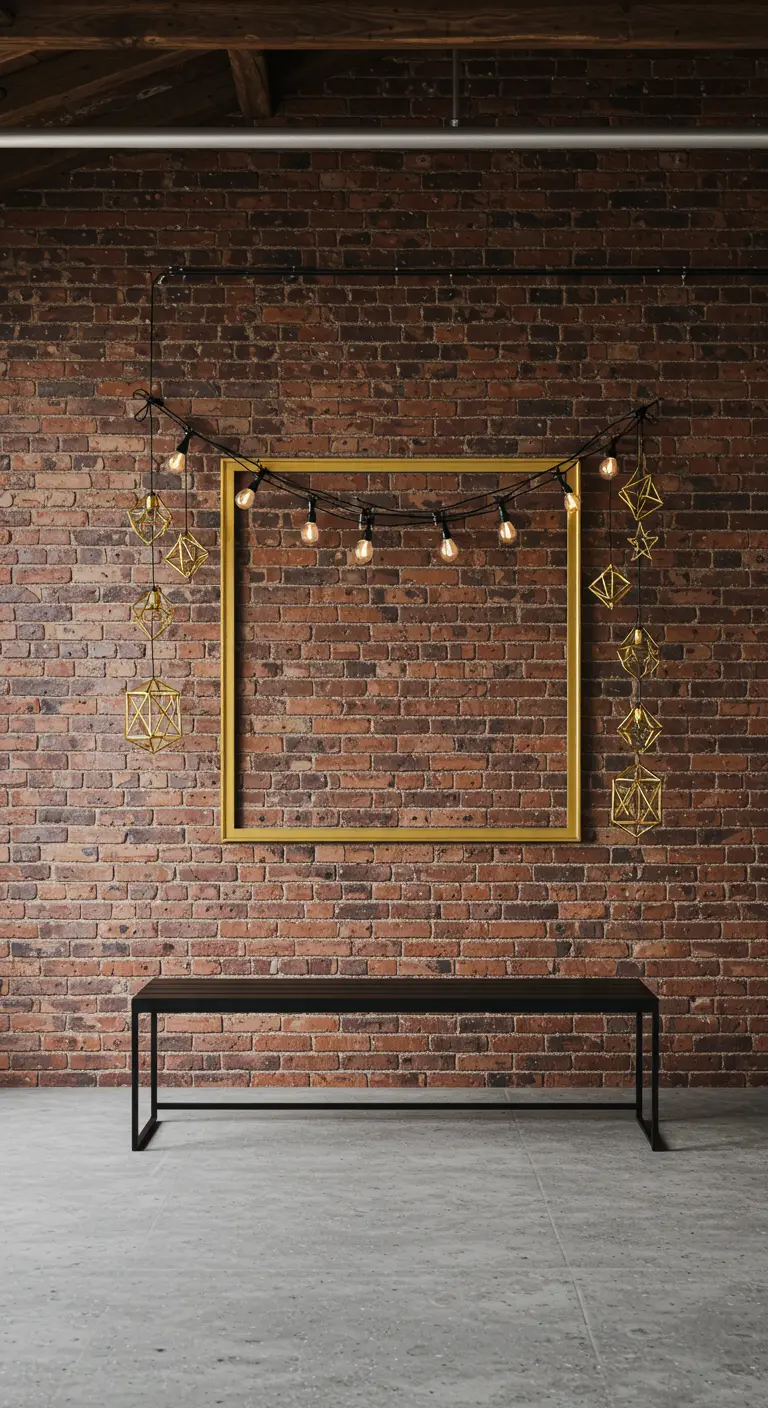 Mur de briques avec un grand cadre doré et une guirlande d'ampoules Edison.