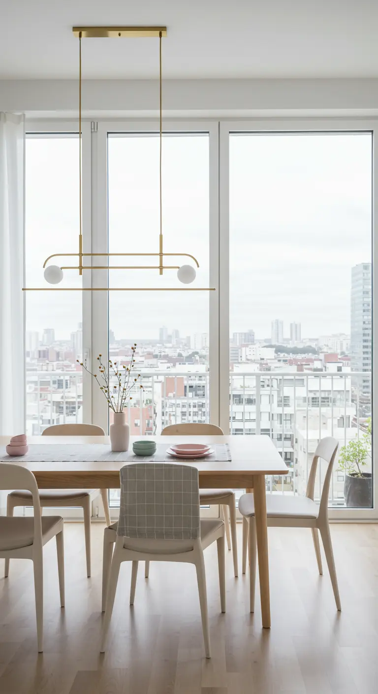 Salle à manger minimaliste avec table en bois clair, chaises design et vue sur la ville