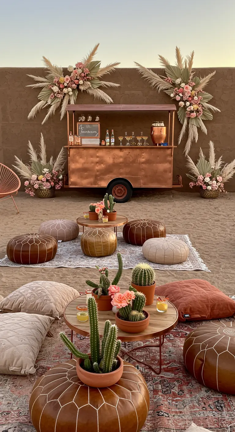 Bar bohème cuivré dans le désert avec des poufs en cuir et des arrangements de pampa.