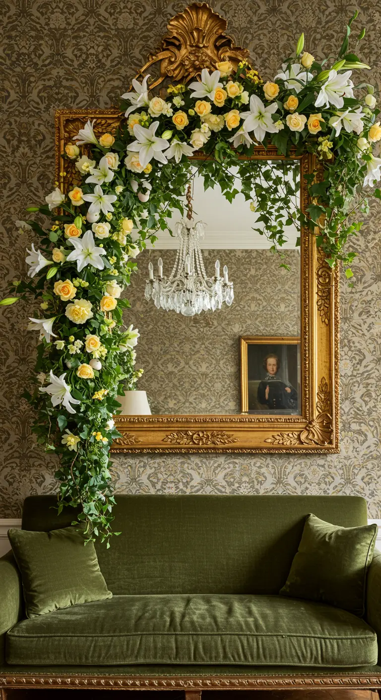 Un grand miroir doré encadré d'une guirlande de lys blancs et de roses jaunes.