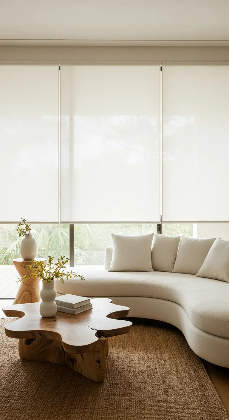 Canapé blanc incurvé avec table basse en bois brut et stores
