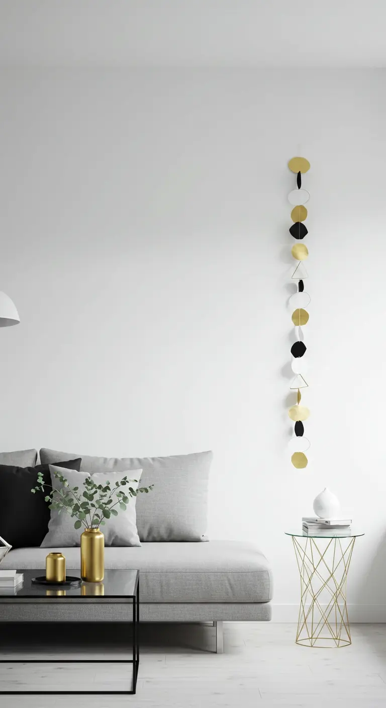 Guirlande verticale minimaliste avec des cercles dorés, noirs et blancs à côté d'un canapé gris.
