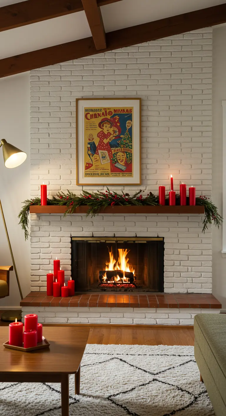 Cheminée en briques blanches avec une affiche vintage, une guirlande simple et des bougies rouges.
