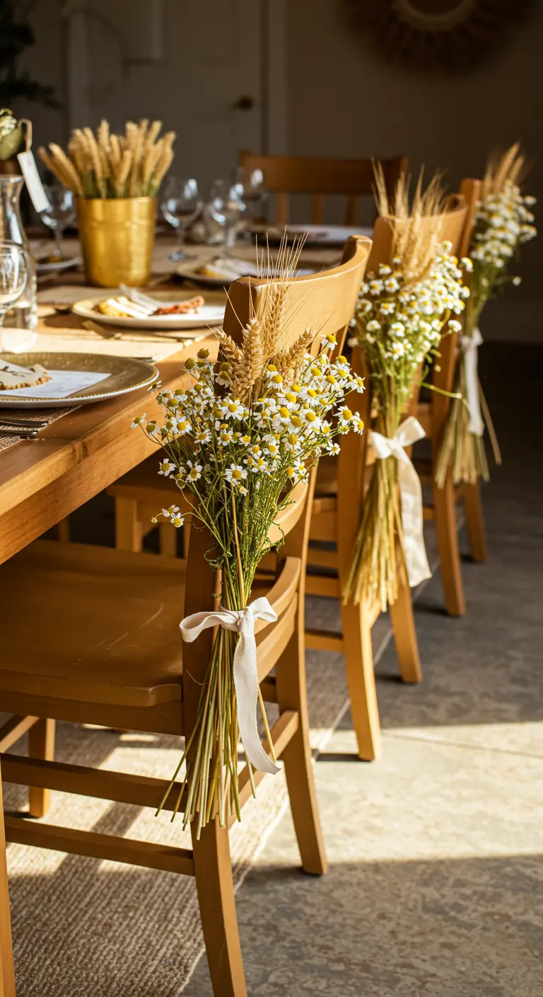 Chaises en bois ornées de bouquets de blé et de camomille.