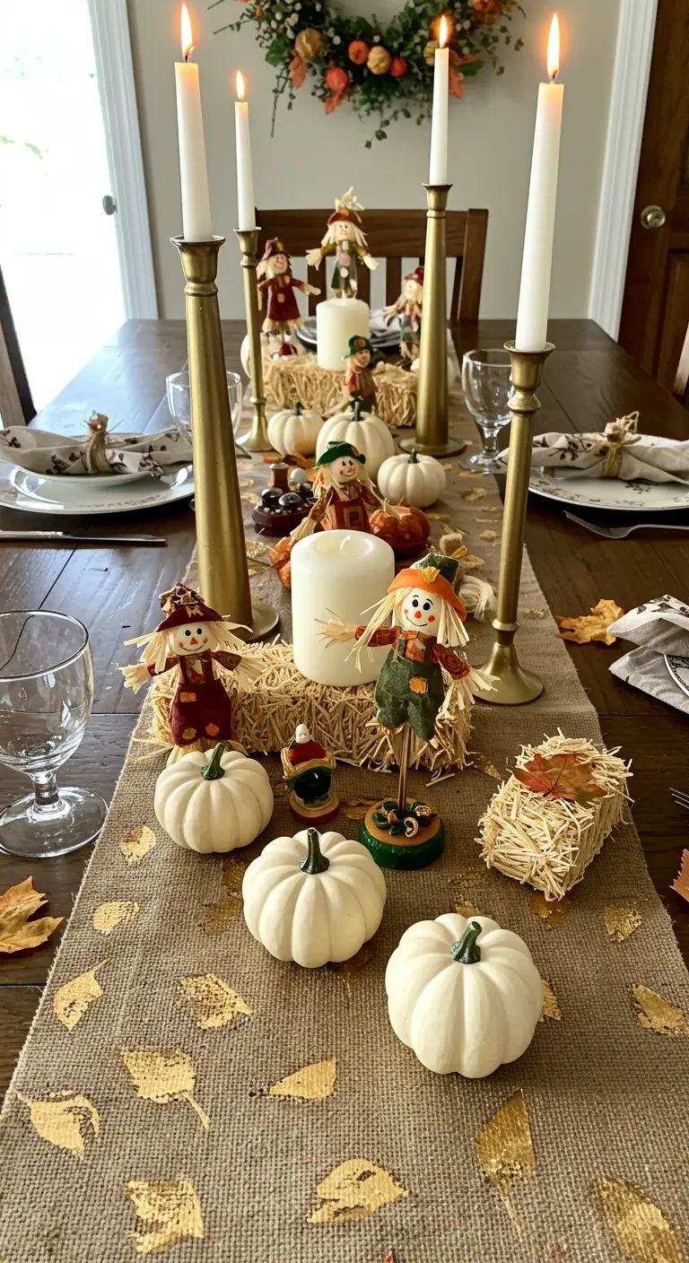 Décor de table de Thanksgiving avec des épouvantails miniatures et des citrouilles blanches.