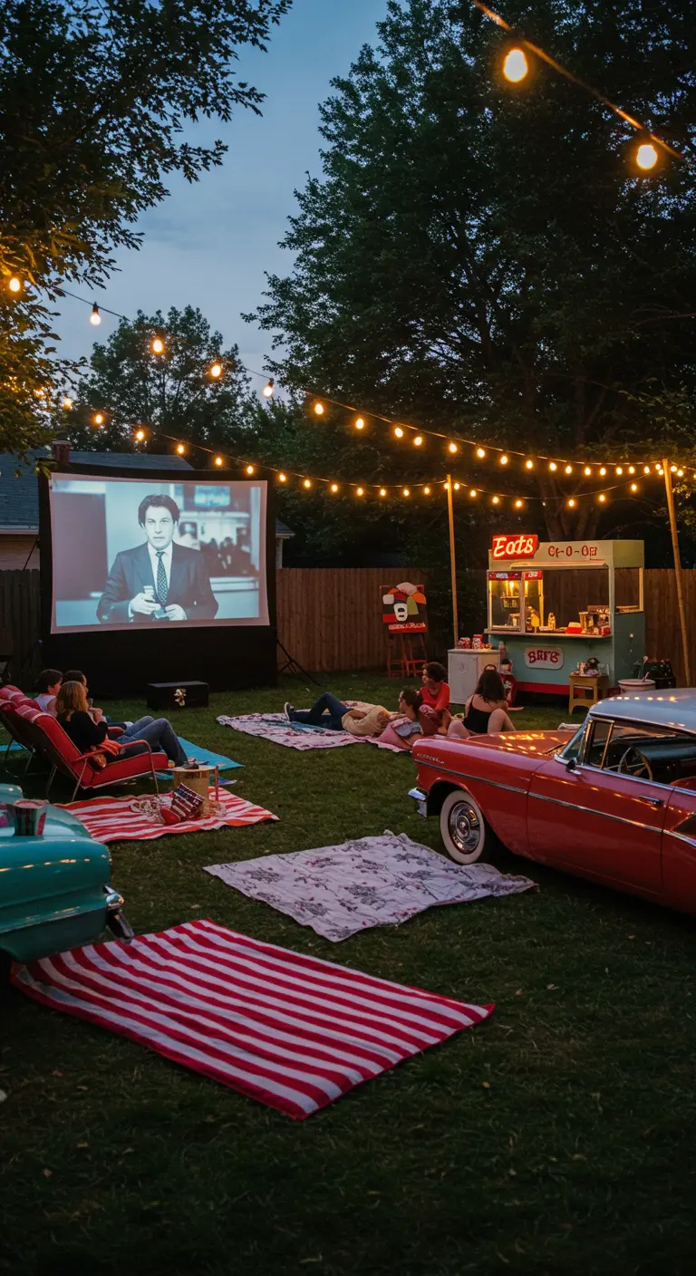 Cinéma en plein air dans un jardin avec une voiture rétro et des spectateurs.
