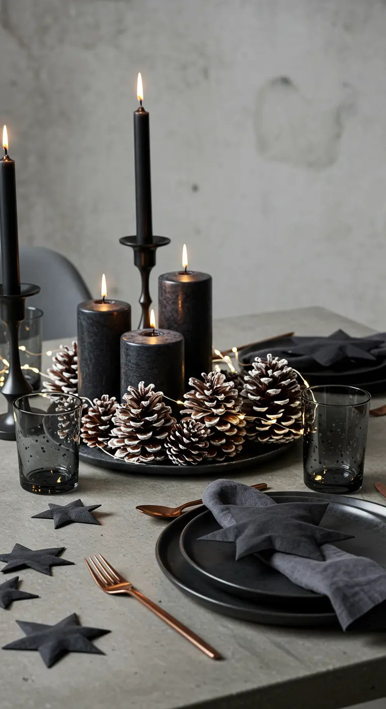 Table moderne noire et grise avec des pommes de pin givrées et des bougies noires.