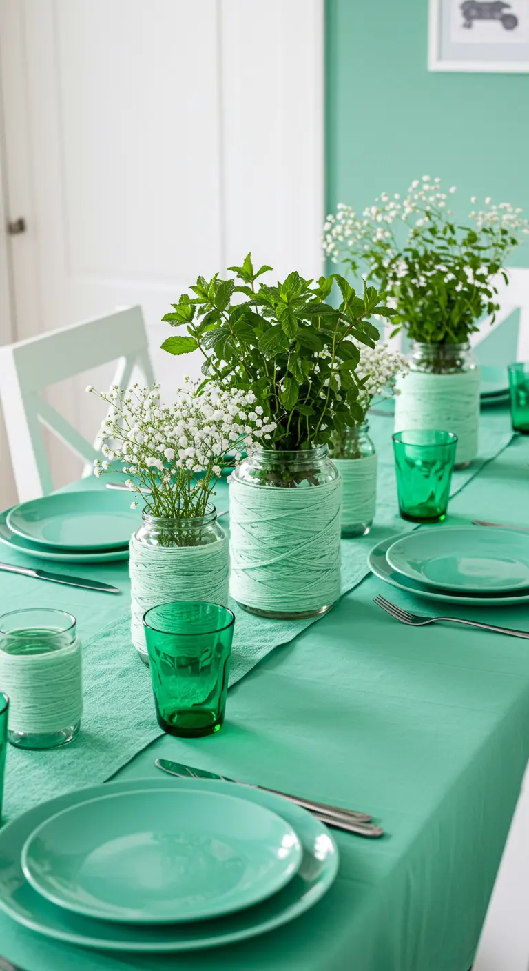 Décoration de table monochrome vert menthe, avec des vases et verres enroulés de fil assorti.