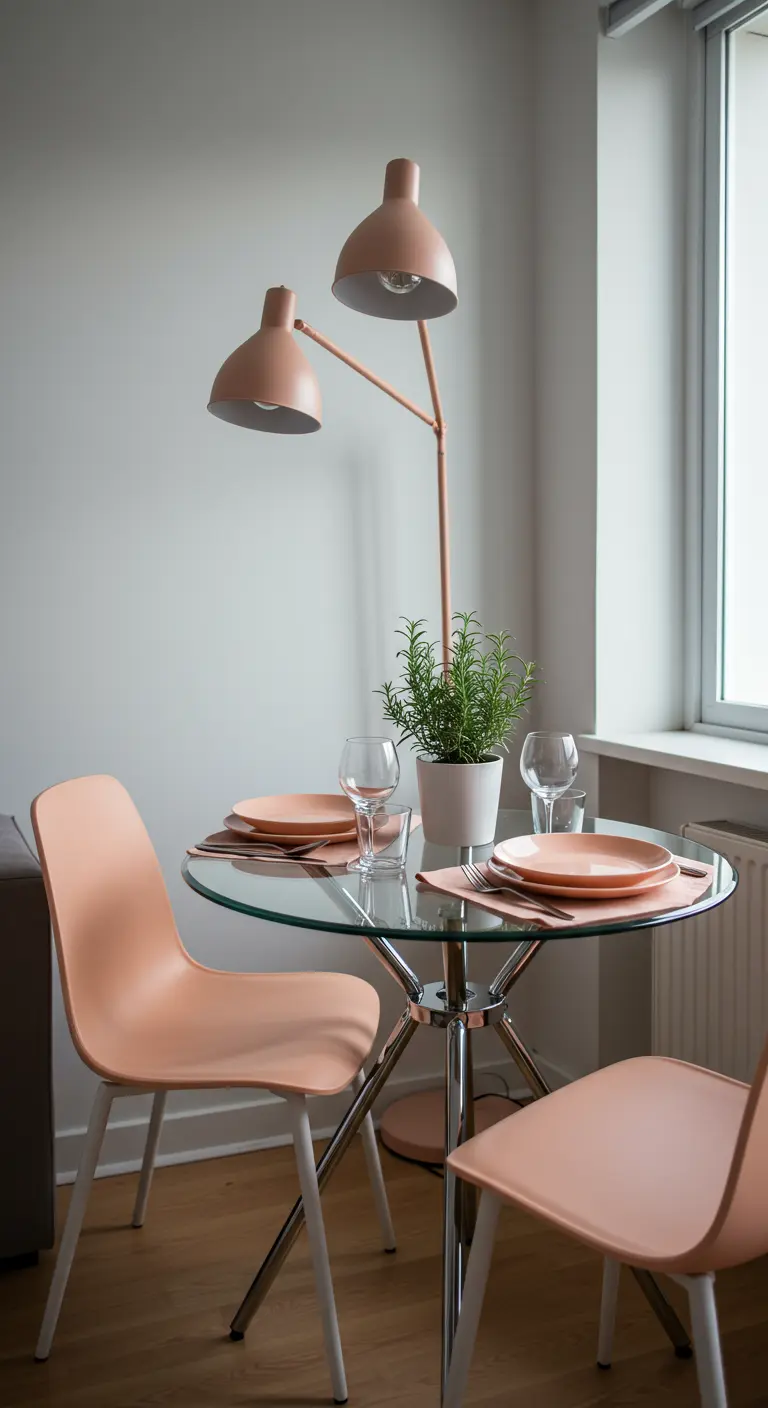 Petite table ronde en verre pour deux personnes avec des chaises et de la vaisselle couleur pêche.