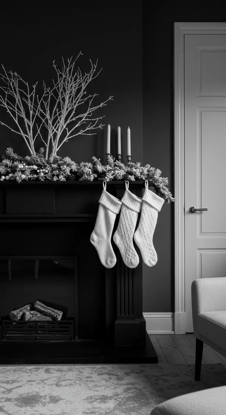 Décoration de cheminée en noir et blanc avec chaussettes blanches tricotées.