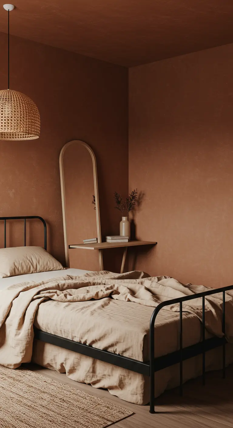 Chambre monochrome avec des murs terracotta, un lit en métal noir et un tapis en jute.